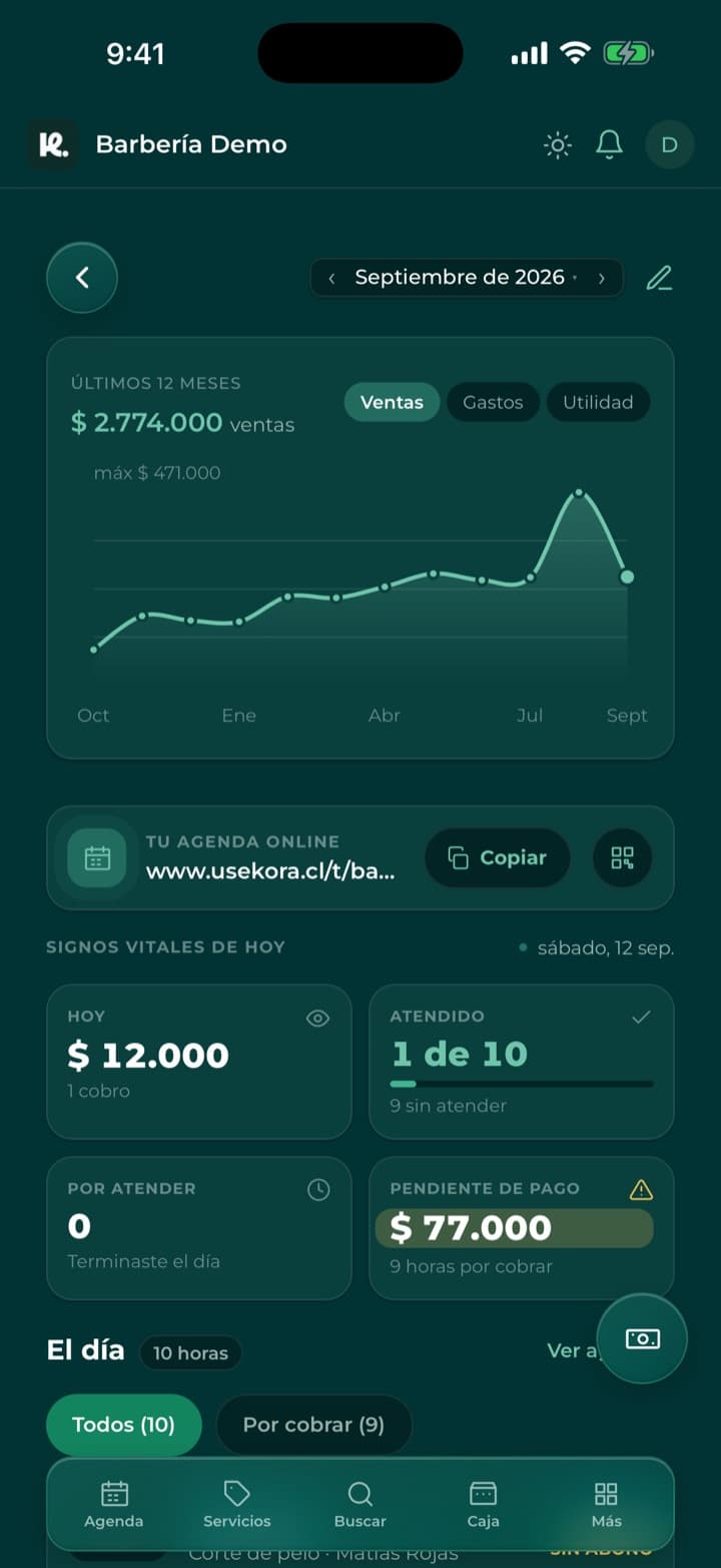 Inicio de Usekora en el celular: ventas del año, agenda online y los signos vitales del día de una barbería