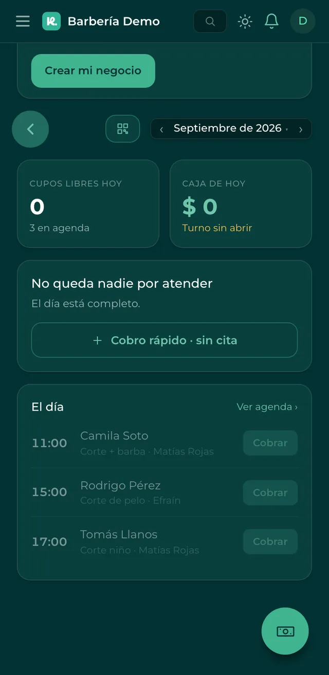 El panel del día de una barbería en Usekora: cupos, caja y la lista de citas con botón de cobrar