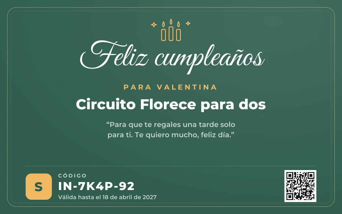 Gift card de cumpleaños de un spa, con el nombre de quien la recibe, la dedicatoria, el código y el QR