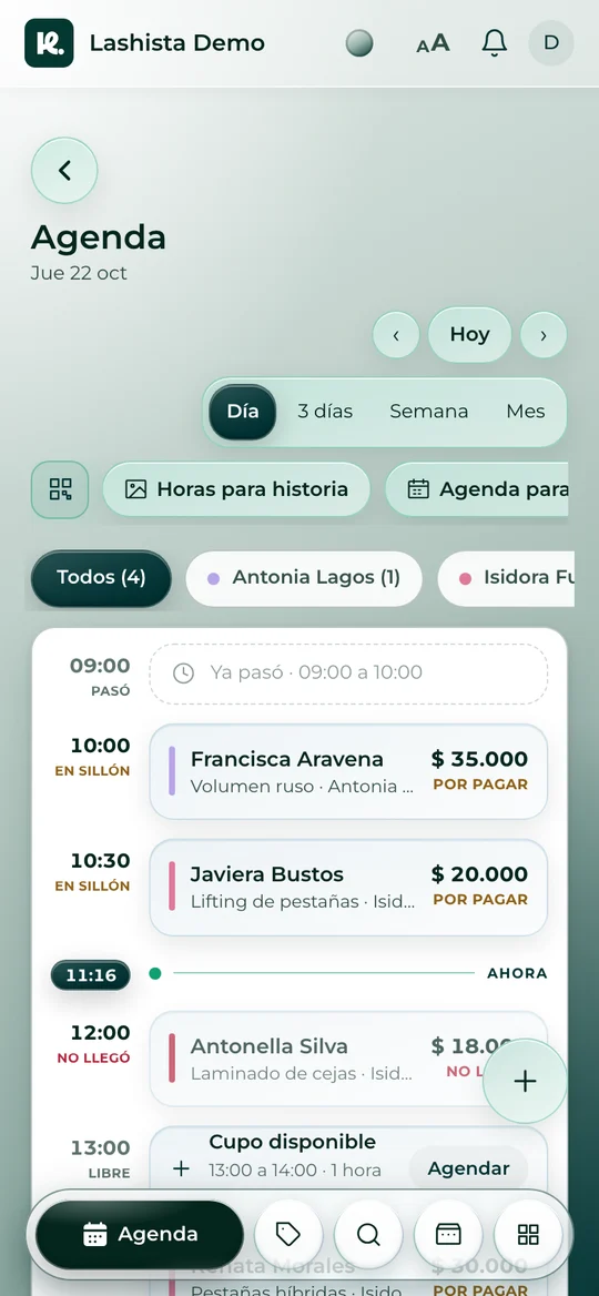 La agenda del día de Lashista Demo en Usekora