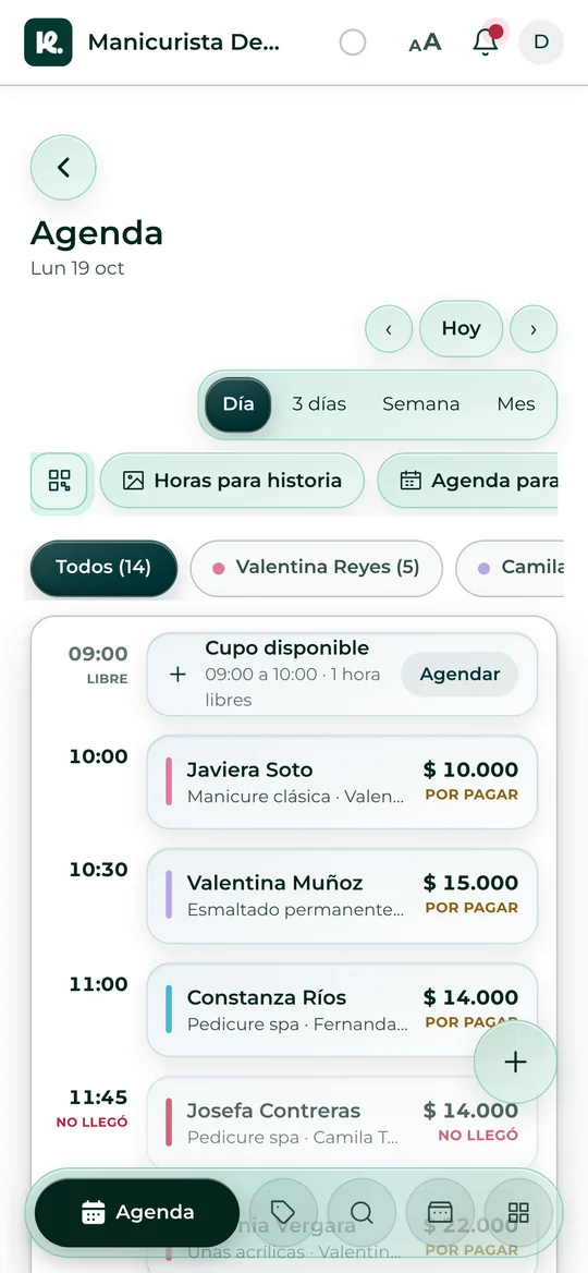 La agenda del día de Manicurista Demo en Usekora
