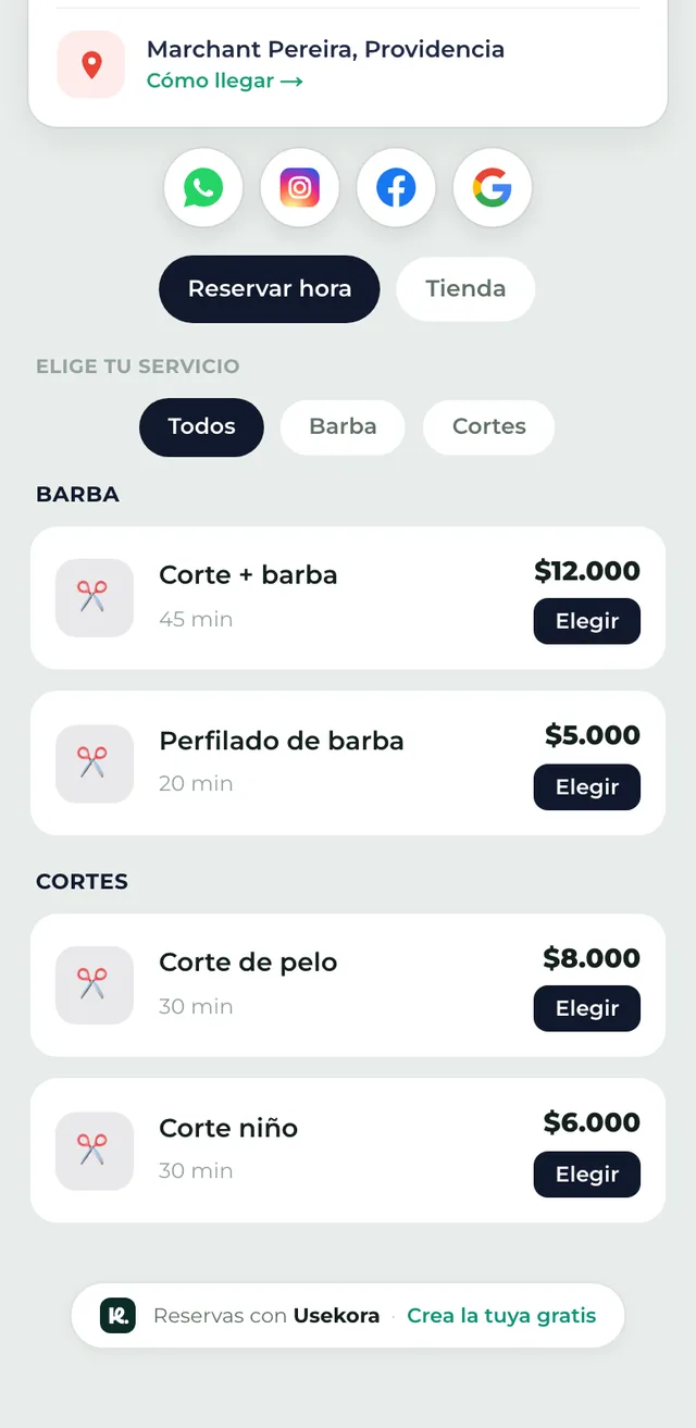 La tienda online de una barbería en Usekora: servicios con precio y duración, y reserva de hora