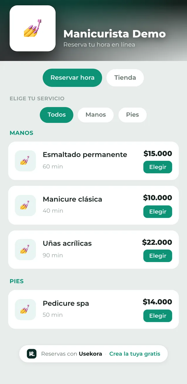 La página de reservas de un estudio de manicure en Usekora, con servicios, duración y abono